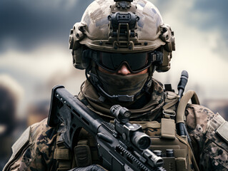 United States Army Special forces soldier in uniform and helmet with assault rifle
