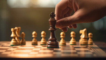 Close-up of a hand making a decisive move with a chess piece ,generative ai
