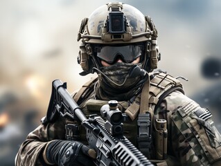 Obraz premium United States Army Special forces soldier in uniform and helmet with assault rifle