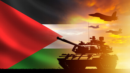 Palestinian armed forces. Tank and planes at sunset. Army of Palestinian republic. Silhouette of...
