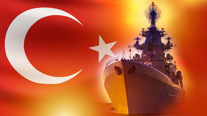 Turkish navy. Warship with national flag. Sea vessel for patrolling maritime borders. Warship from...