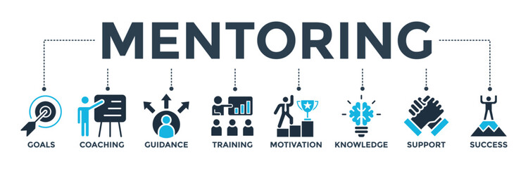 Mentoring banner concept with icon of goals, coaching, guidance, training, motivation, knowledge, support, and success. Web icon vector illustration  - obrazy, fototapety, plakaty