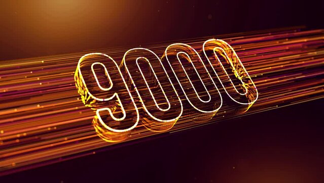 Golden Yellow Purple Shine Blurry Focus 9000 3D Perspective Number Reveal With Dotted Lines Particle Breeze Effect And Glitter Dust Light Flare, Seamless Loop