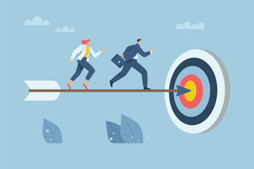 Obraz premium Effective teamwork, Successful business development, Success goals or career growth ideas. Team of businessmen running after an arrow that hits the target. Vecter design illustration.