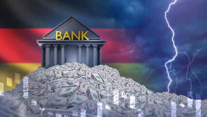 Federal bank Germany. Pile money near national flag. Bank building with thunderstorm. Concept economic crisis in Germany. Collapse financial system. Problems and crisis German economy. 3d image - obrazy, fototapety, plakaty