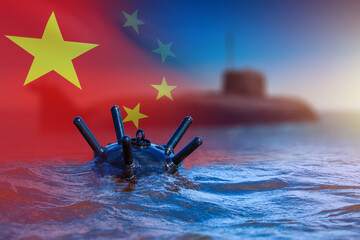 Sea mine in water. Flag China. Submarine near naval bomb. Mine for protecting marine state borders. Bomb during war in China. Chinese navy naval exercise concept. Mine risks sinking ship. Art focus - obrazy, fototapety, plakaty
