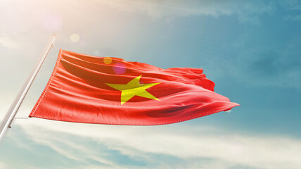 Vietnam national flag cloth fabric waving on the sky - Image