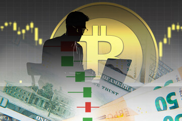 Bitcoin trader. Dollar and euro bills. Silhouette of male investor. Bitcoin coin. Cryptocurrency trading. Exchange fiat money for bitcoin. Investor monitors cryptocurrency exchange rate. 3d image - obrazy, fototapety, plakaty