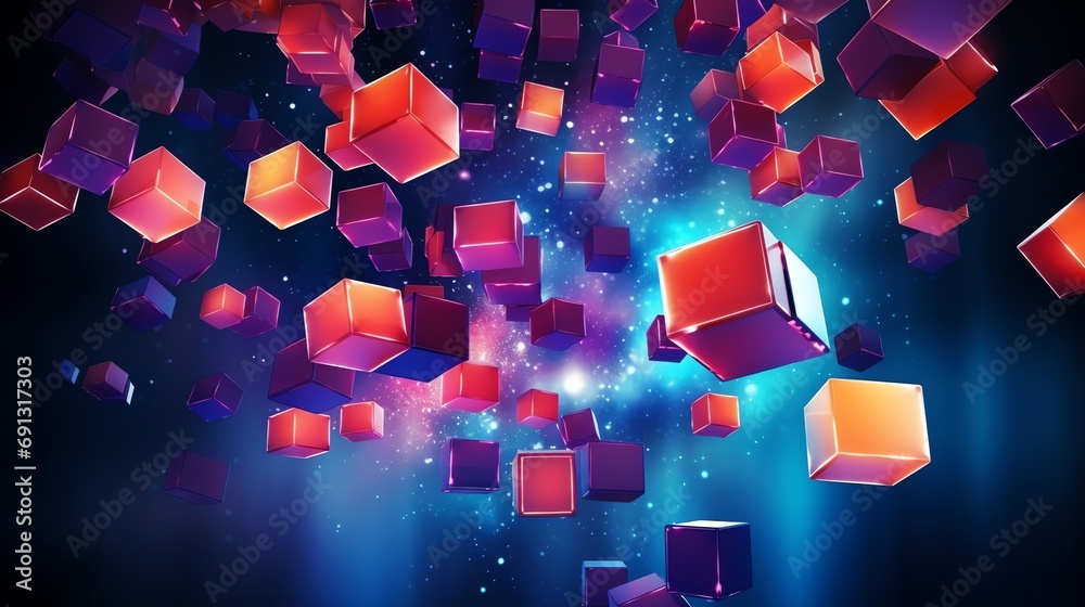 Wall mural abstract futuristic 3d floating cubic elements with deep blue, vibrant orange, and electric purple colors. abstract background template