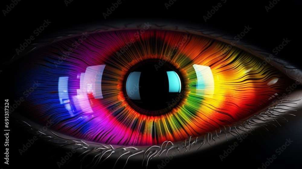 Poster vibrant iris animation concept: rainbow lines burst from bright binary circle, creating a multicolor