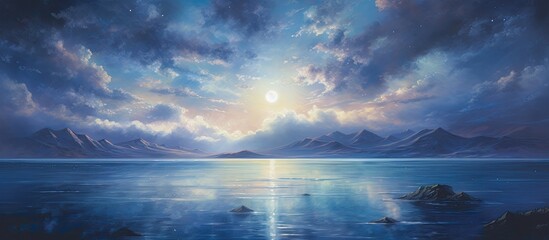 background of the painting, a serene water scene takes shape, as the artist skillfully captures the interplay of light and shadows, and the vastness of space is accentuated by the presence of the - Powered by Adobe