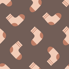 Knitted socks seamless pattern. Cozy knitwear brown endless background with warm hygge elements. Home comfort, footwear, clothing repeat vector illustration in flat style