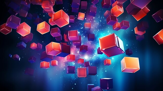 Fototapeta abstract futuristic 3d floating cubic elements with deep blue, vibrant orange, and electric purple colors. abstract background template