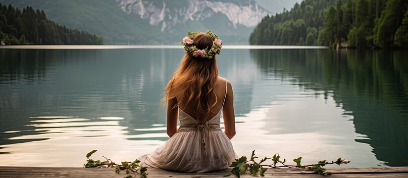 Young woman sitting on wooden deck by lake in mountains, wearing flower crown, outside in Zgornje Jezersko, Slovenia.