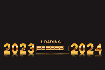 Golden number 2023 loading to 2024 with black scene. 3d numbers symbol. 2024 Happy New Year. Golden metallic calligraphic numbers 2024. Holiday festive banner design. Lettering sign composition