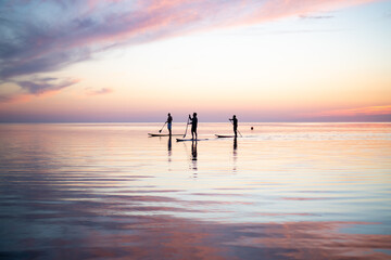 Paddle Boarding at sunset with pink sky
