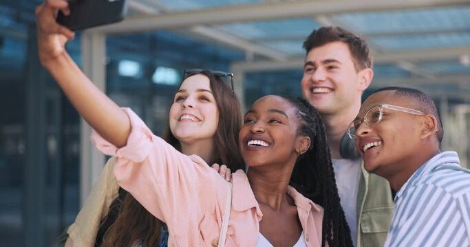 Students, group and selfie at university, happy and diversity with smile for memory, post and web blog. Men, women and friends with photography for profile picture, live streaming or social media app
