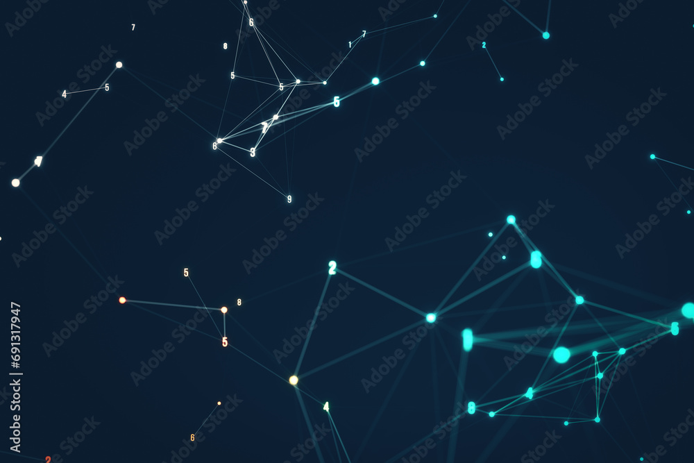 Poster Complex network of blue lines and dots on dark background. Technology connectivity concept. 3D Rendering
