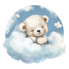 Cute baby teddy bear sleeping on the cloud Illustration, Generative Ai