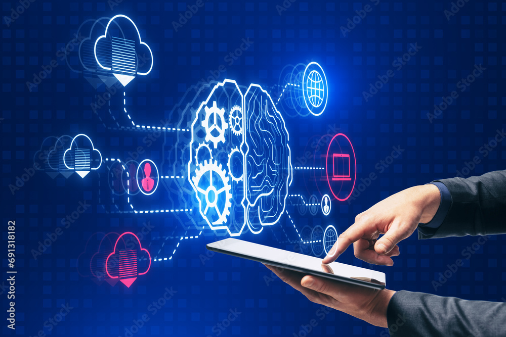 Poster close up of businessman hands using smartphone with creative digital brain hologram with cogwheels a