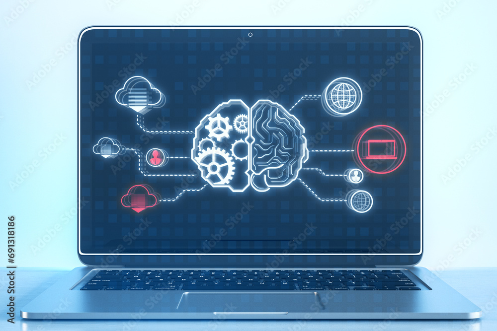 Poster Close up of notebook with creative digital brain hologram with cogwheels and various connected icons on blue background. Invention, ai and innovation concept. 3D Rendering.