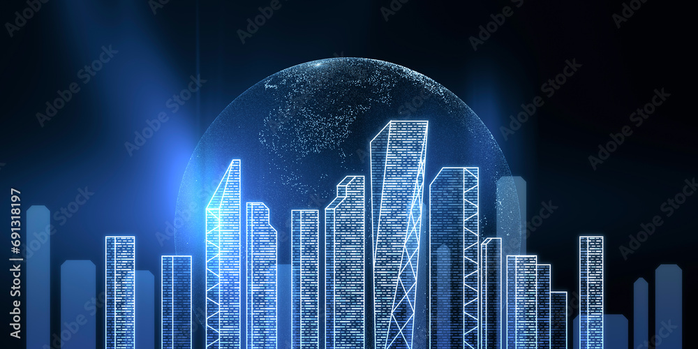 Poster Neon blue digital skyline with a glowing globe backdrop, visualizing smart city concept. 3D Rendering