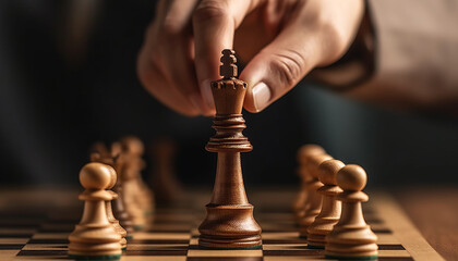 Close-up of a hand making a decisive move with a chess piece ,generative ai