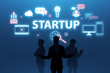 Creative start up hologram on blue backdrop with people silhouettes. New business beginnings concept. 3D Rendering.