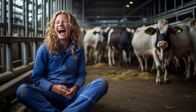 Lifestyle photo of a Dutch girl child farmer in hir stable feeding the cows generative ai