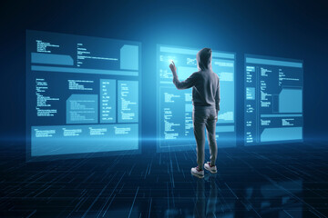 Casual person with digital screens displaying coding data. Programming concept