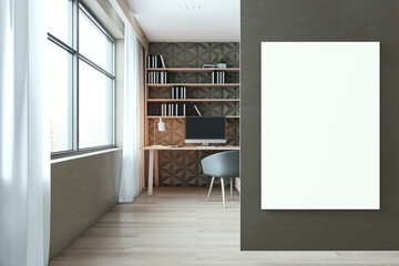 Modern wooden home office interior with blank white mock up banner, workplace, window with curtain and city view. computer monitor and furniture. 3D Rendering.