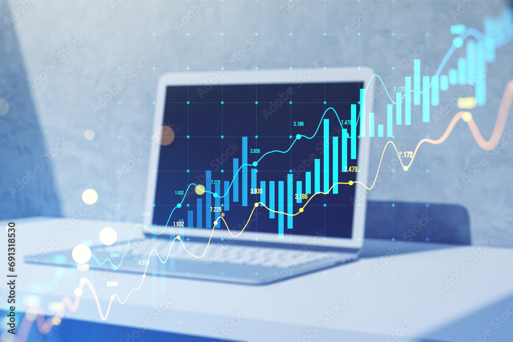 Poster close up of laptop computer with glowing candlestick forex chart on blurry background. trade, financ