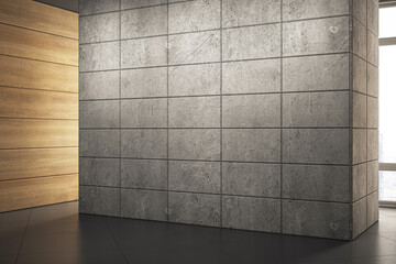 Elegant gallery corner with blank textured concrete wall and warm wooden floor. Exhibition design concept. 3D Rendering