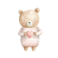 Watercolor of cute bear in sweater is holding heart, Valentine's day Concept.