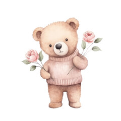 Watercolor of cute bear with rose flower, Valentine's day Concept.