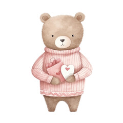 Watercolor of cute bear is holding love gifts, Valentine's day Concept.