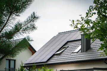 House roof with photovoltaic modules.
