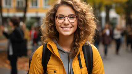 Young student woman looking camera with big smile ,generative ai