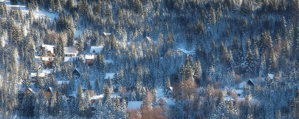 Winter mountain village wonderland banner
