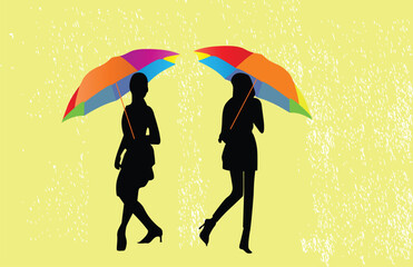 Free Vector Girls with Umbrella Walking in the Rain Illustration Design