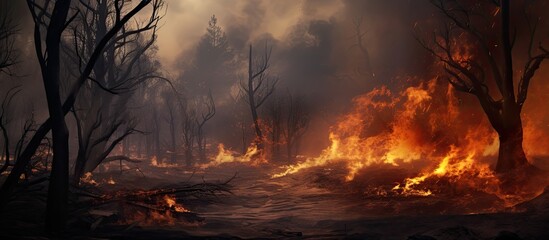 A fire engulfs the forest and dry grass, leaving a black layer of burning and ash on the ground.