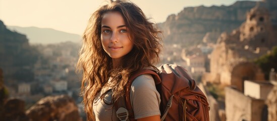 A young woman travels independently, exploring a historical city with a backpack, and learning...