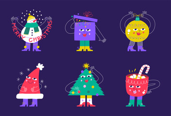 Merry Christmas and Happy New year characters. Christmas tree, ball, snowman, gift box in trendy style. 