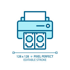 2D pixel perfect editable blue printing money icon, isolated monochromatic vector, thin line illustration representing economic crisis.