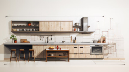 Drawing of a Linear Kitchen interior with refined modern style with light wood colors and sketch look