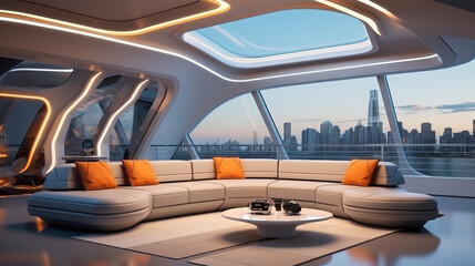 Futuristic large Living room in refined style mainly in light grey color with some curved lines for warm lighting and a large view on a big city along a river