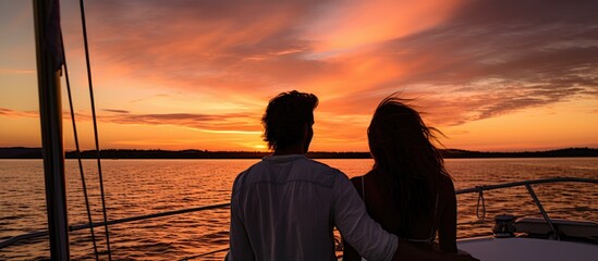 Young Caucasian couple admiring view on yacht during romantic summer sunset.