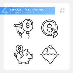 Pixel perfect black icons set representing economic crisis, editable thin line illustration.