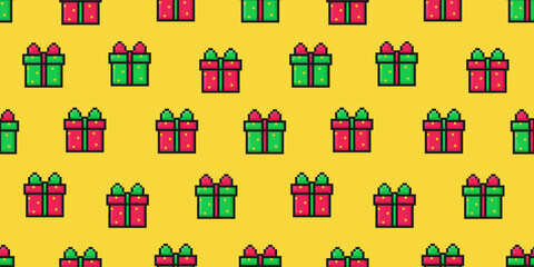 pixel gift box pattern, vintage, seamless, 8 bit, 80s, 90s games, computer arcade game style, vector illustration