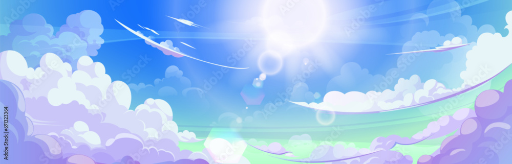 Wall mural anime style sky with clouds and sun. vector cartoon illustration of beautiful heavenly gradient clou